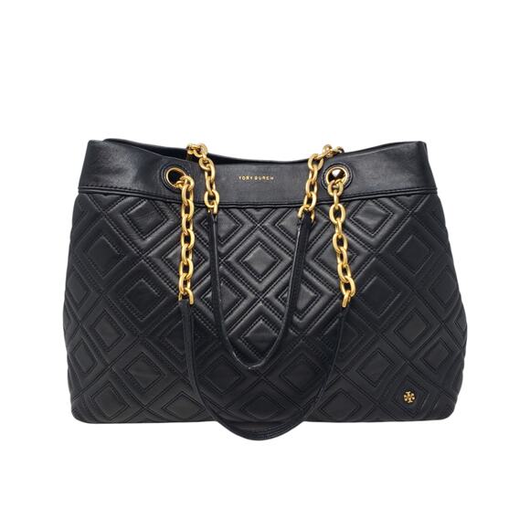 Tory Burch Fleming Triple Compartment Chain-Link Leather Tote Bag Quilted Black - Picture 3 of 14